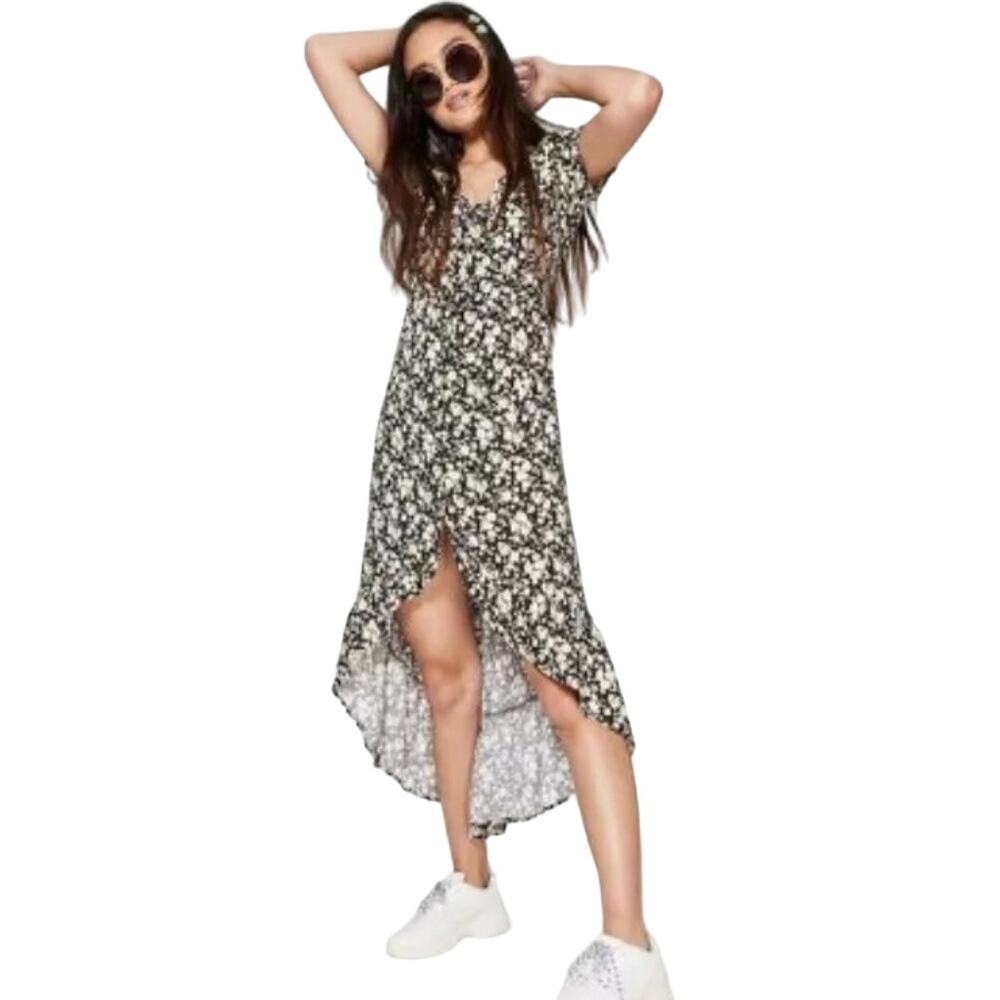 Black Ditsy Floral Hi Lo Midi Dress M L Ruffle Cowgirl Cottage Country NEW